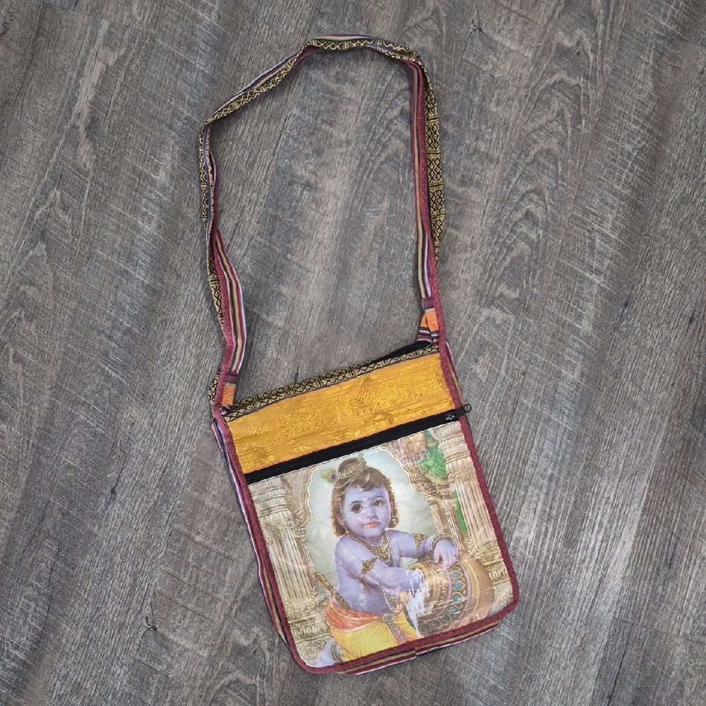 Handcrafted Multicolor Crossbody Bag with Krishna Motif